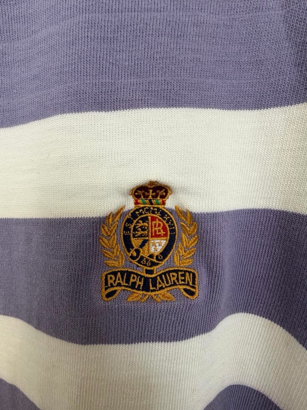 Vintage Ralph Lauren Lavender and White Striped Rugby Pullover with Crest - Picture 2 of 4